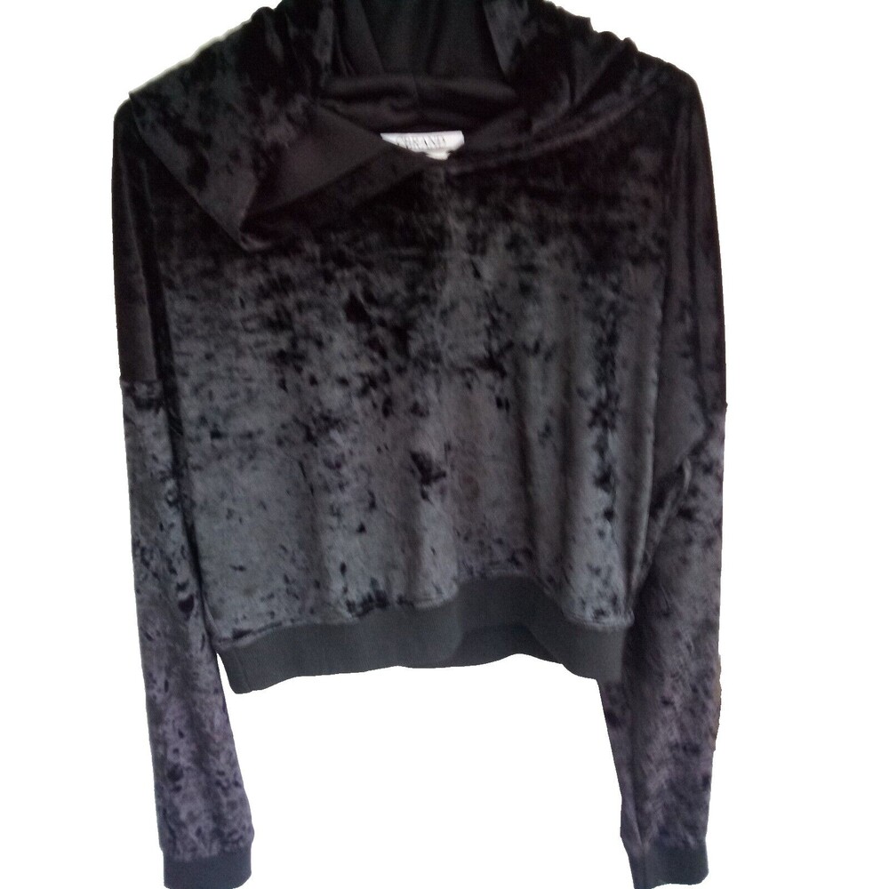 Womens Cropped Hoodie Crushed Velvet Black Pullover Sweater Size Large